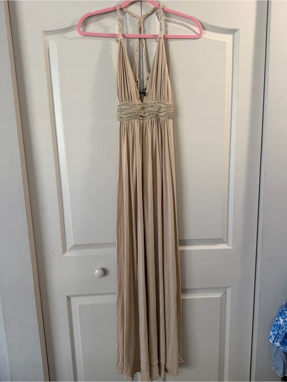 Sky Beige Halter Maxi Dress with Braided Waist
